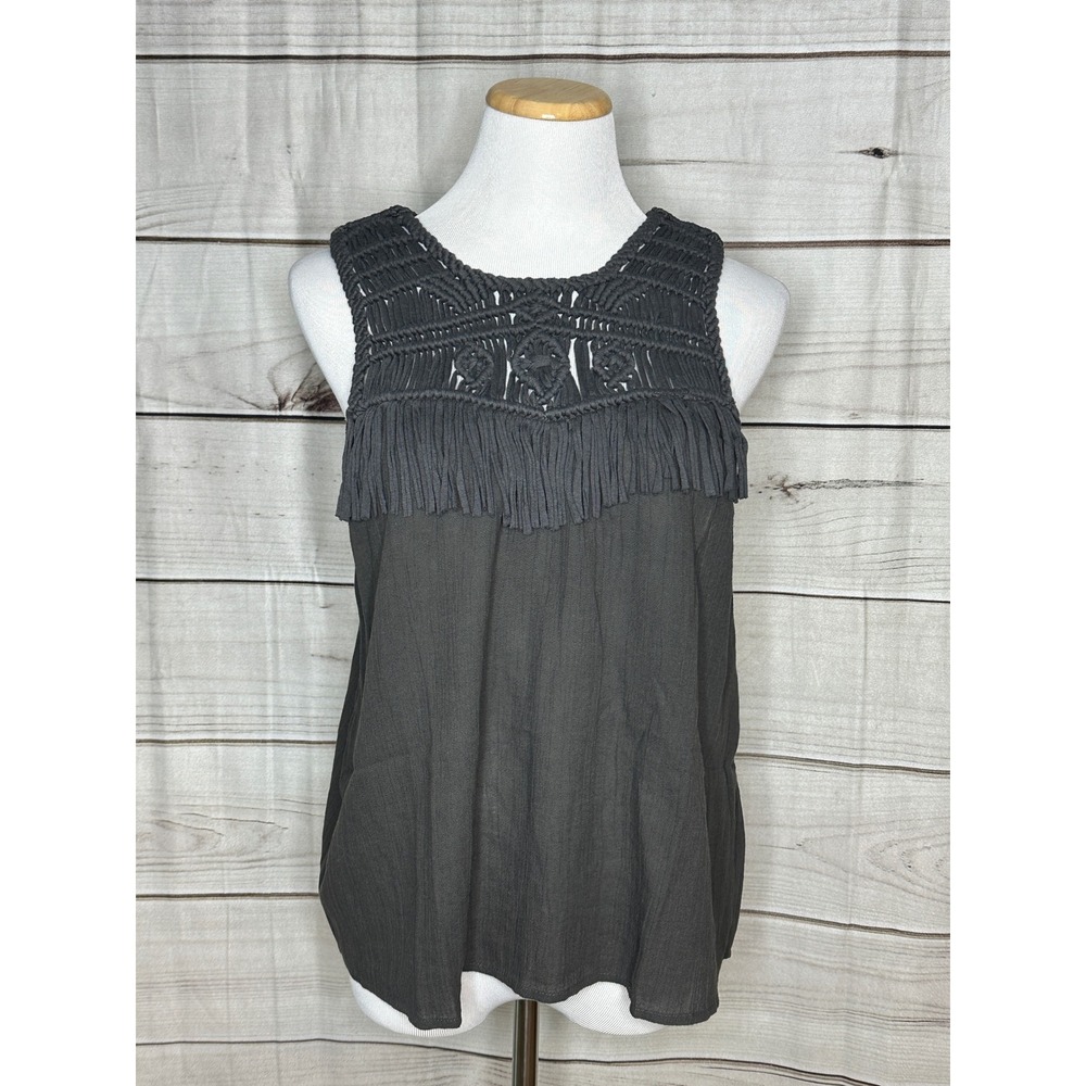 Aerie Tank Top Womens Large Gray Macrame Crochet Fringe Boho Sleeveless Summer